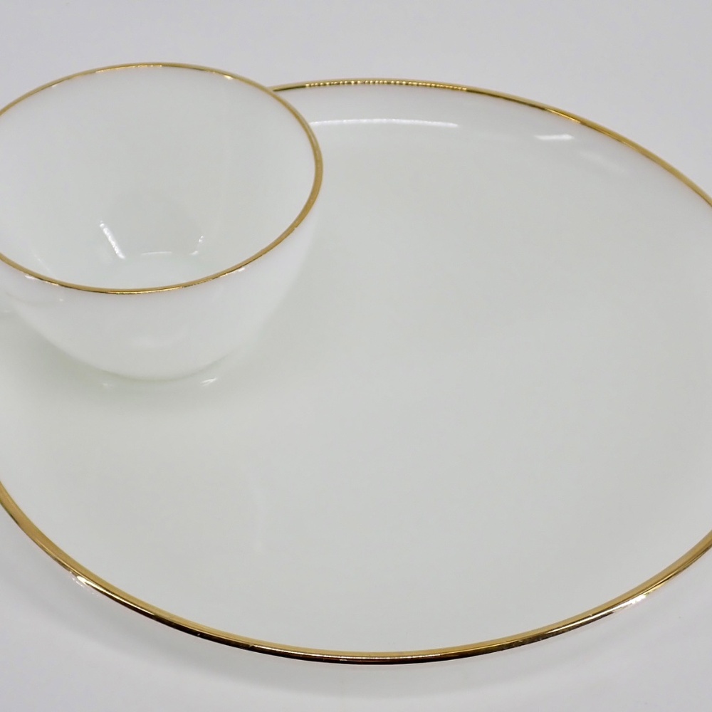 Fire King Anchor Hocking 22k Gold Rim Milk Glass Tea Cup Snack Plate Set Vintage
